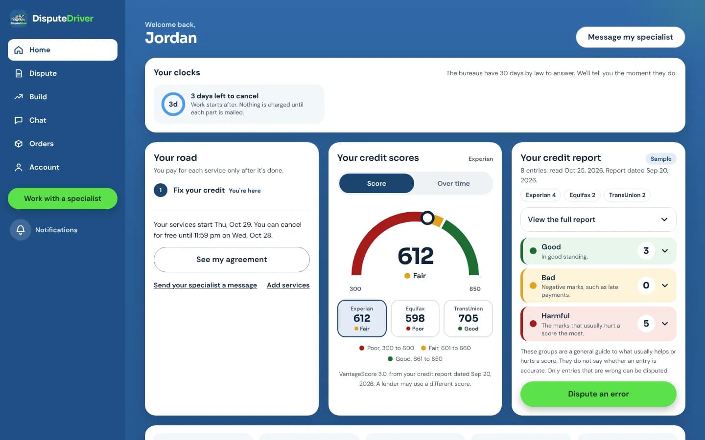 The DisputeDriver home screen with clocks, scores and the credit report