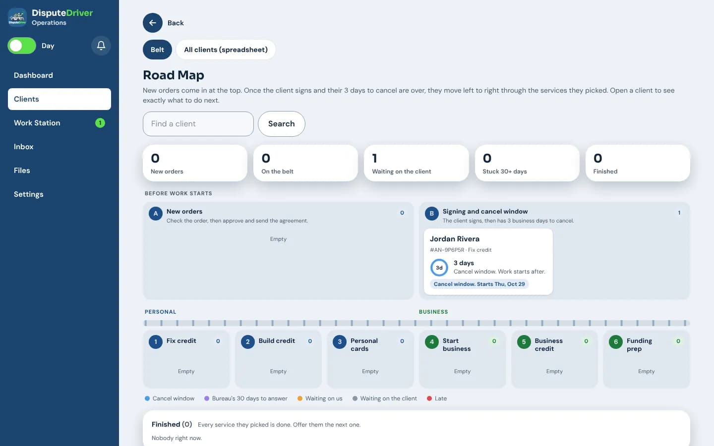The Road Map board with client cards and clocks